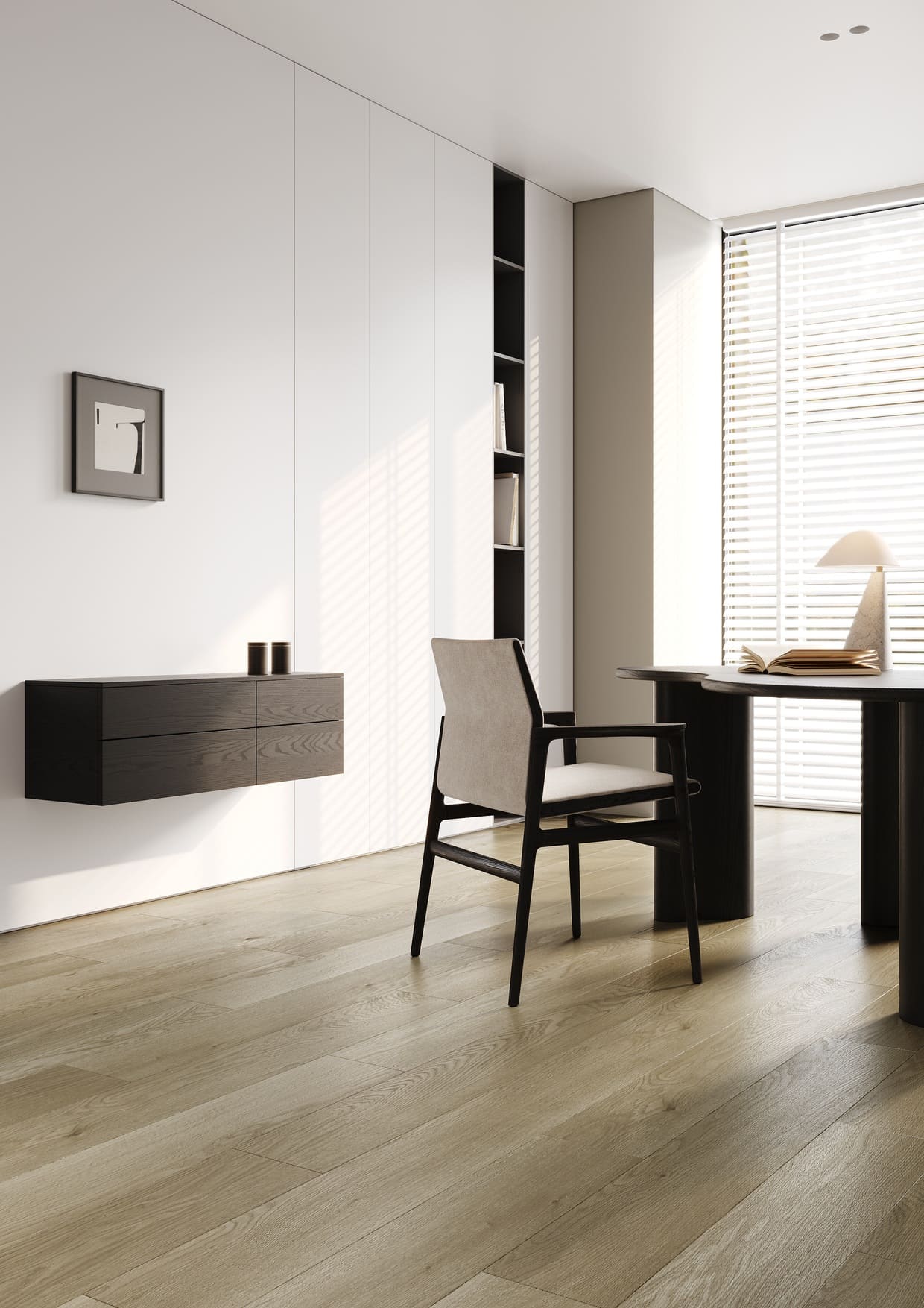 Кварцвиниловый SPC ламинат Fargo Bevel Дуб Людвиг 50-2123-36 1220×182×6 фото в интерьере